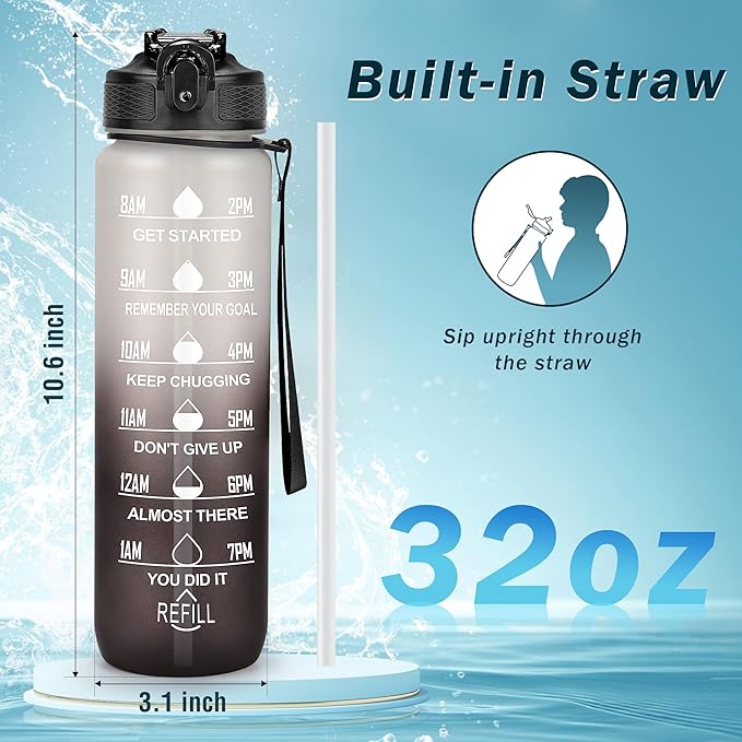 YC Kitchen Motivational Water Bottle with Time Marker - 32oz, Leak-proof BPA Free Sports Water Bottles with Straw & Carrying Strap