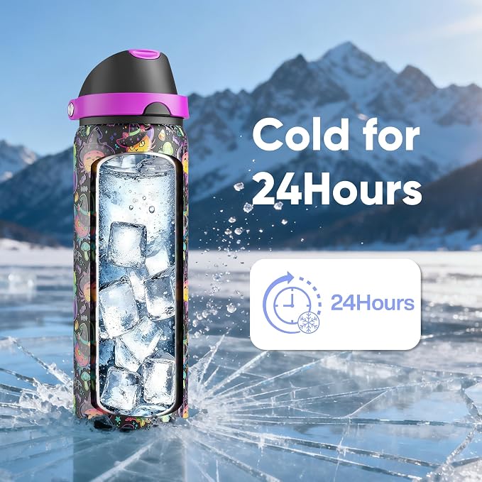 Insulated Water Bottle with Straw - Encool Stainless Steel Water Bottle with Push Button Lid, Leak-Proof & BPA-Free, Keeps Cold for 24 Hours for Sports, Travel, Gym (32 oz, Meowgic Night)