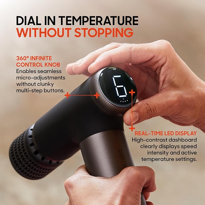 Sharper Image Powerboost Pro+ Hot & Cold Compact Deep Tissue Massage Gun - 6 Speed, 4 Attachments, Travel Case| Soothing Heat & Cold Therapy| Portable Lightweight Full Body Shoulder & Back Massager