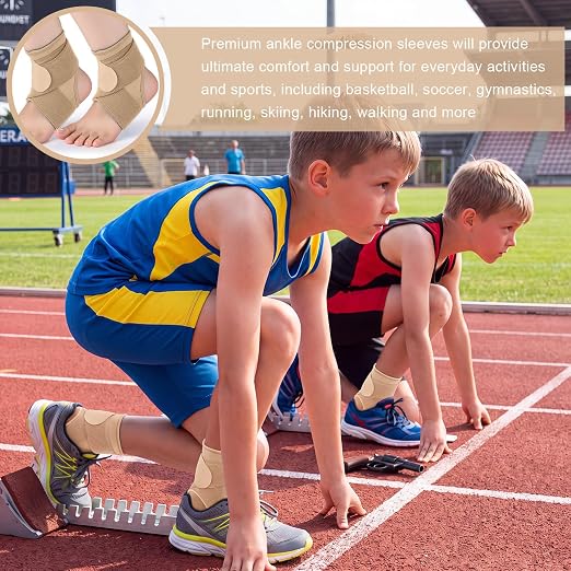 Honoson 2 Pcs Ankle Brace Kid Ankle Support Youth Neoprene Lace up Compression Sleeve Foot Brace Stabilizer with Adjustable Strap for Sport Sprained Plantar Fasciitis Achilles Tendonitis(Skin,S)