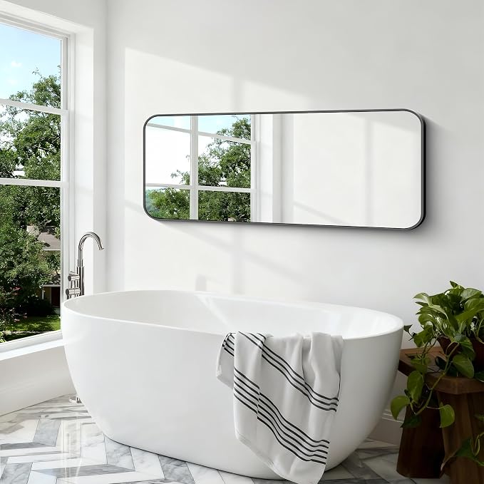 BONEWEI 24x60 inch Bathroom Mirror,Black Rectangle Mirror,Wall Mounted Bathroom Frame Vanity Mirror with Round Corner for Bedroom Living Room,Entryway Hangs Horizontal or Vertical