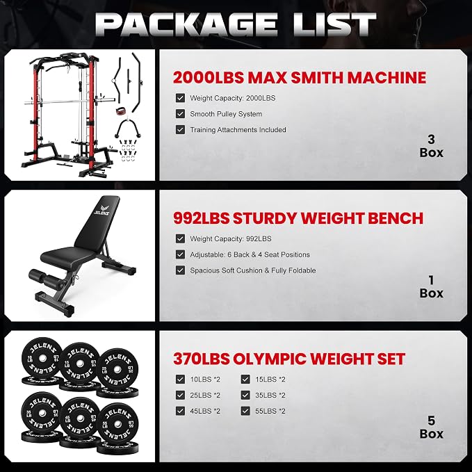 SR01 Smith Machine, 2000LBS Multi-Function Power Cage with LAT Pulldown System, All-in-One Home Gym Squat Rack with Smith Bar and Training Attachments for Full Body Workouts
