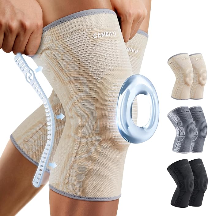 CAMBIVO Knee Brace for Men & Women, 2-Pack Compression Sleeve with Gel Pad | Patella Gel Pad with Side Stabilizers for Knee Pain Relief. Ideal for Running, Weightlifting & Arthritis, Workout, Daily Use