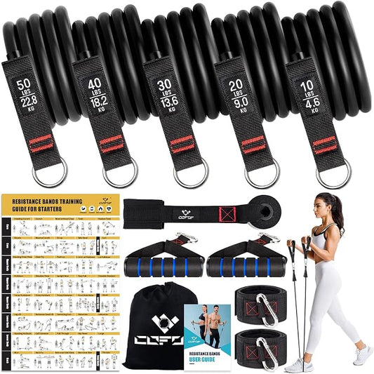 Resistance Bands with Handles for Women, 5 Level Exercise Bands | Workout Bands for Physical Therapy, Yoga, Pilates, Door Anchor, Storage Pouch, Training Poster