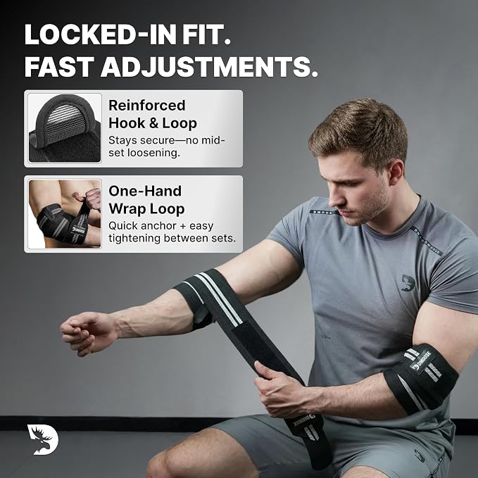 DMoose Fitness Elbow Wraps for Weightlifting (Pair) - 40'' Adjustable Strap for Gym Workout & Bench Press, Compression Elbow Sleeves for Tendonitis, Joint Support, Powerlifting & Deadlifts