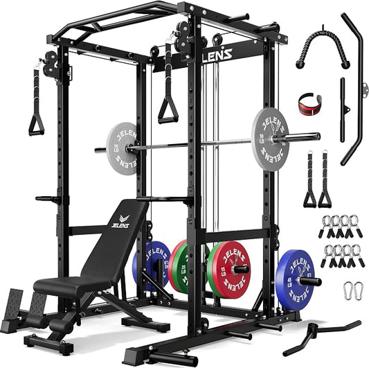 JELENS C12 Power Rack, 2000LBS Squat Rack with Cable Crossover System, Workout Cage with More Training Attachments for Home Gym