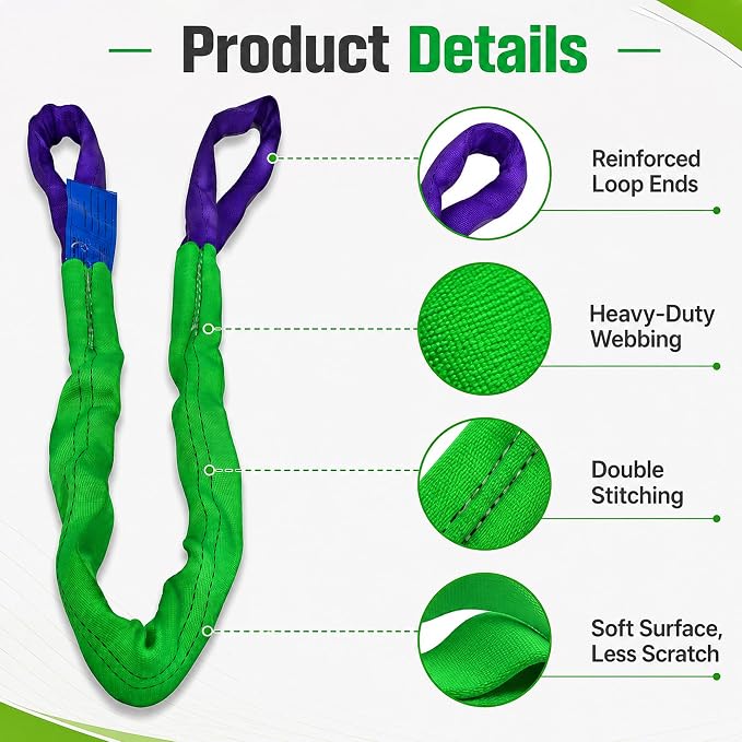 2" x 8' Lifting Sling Straps Polyester Web Slings 4400 Lbs Vertical, 3520 Lbs Choker, 8800 Lbs Basket 2-Pack (Green/Purple)