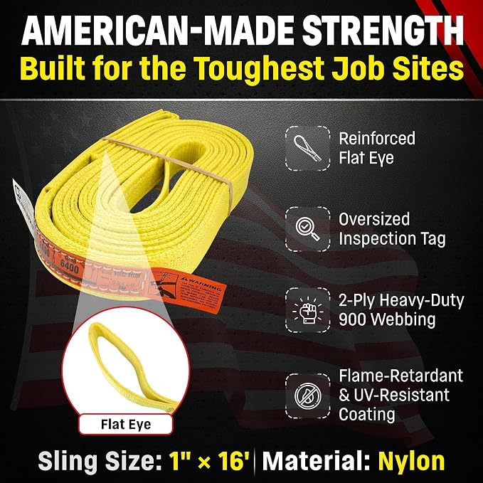 DD Sling 1 Inch x 16 Foot Nylon Lifting Sling – USA Made, 3,200 lb Vertical, 2,600 lb Choker, 6,400 lb Basket – 2-Ply Heavy Duty 900 Webbing, Type 3 Flat Eye & Eye Rigging Sling
