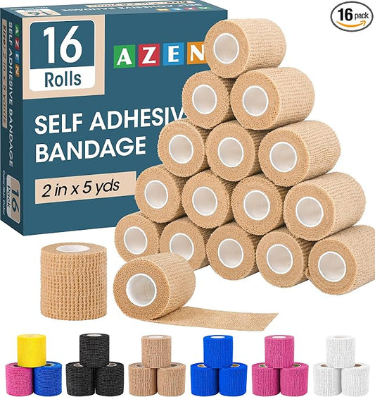AZEN 16 Pack Self Adhesive Bandage Wrap, 2" X 5 Yards Elastic Cohesive Bandage Wrap, Skin Color Athletic Tape, Vet Wrap, Ankle Tape, Tattoo Grip Tape Wrap