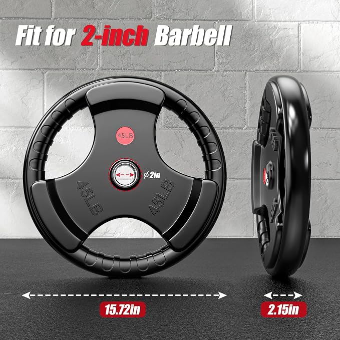 Gikpal Olympic Weight Plates, 2-Inch Three-Grip Rubber Coated Barbell Plates with Steel Hub, Cast Iron Weights for Strength Training & Home Gym, Pair or Sets (2.5–45LB)