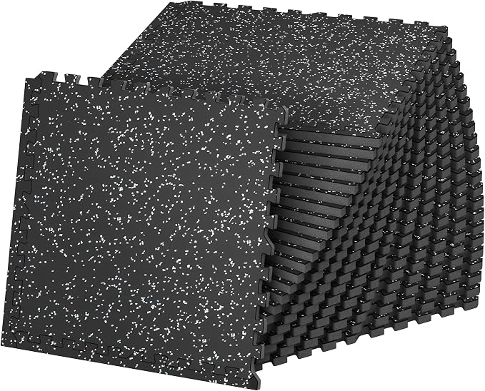 SUPERJARE 1" Extra-Thick Rubber Top Exercise Mat, Puzzle Gym Flooring for Home Gym, Gym Mat for Workout Equipment, Interlocking Floor Tiles with EVA Foam, 24 Pcs 96 Sq Ft, Black/Grey