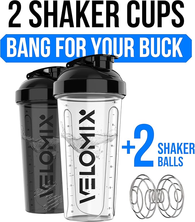 VELOMIX 2 Pack 28oz Protein Shaker Bottle for Protein Mixes, Black/Transpar | 2x Wire Whisk, Leak Proof Shaker Cups for Protein Shakes, Stackable, Dishwasher safe, BPA free, Pre Workout and Fitness ready