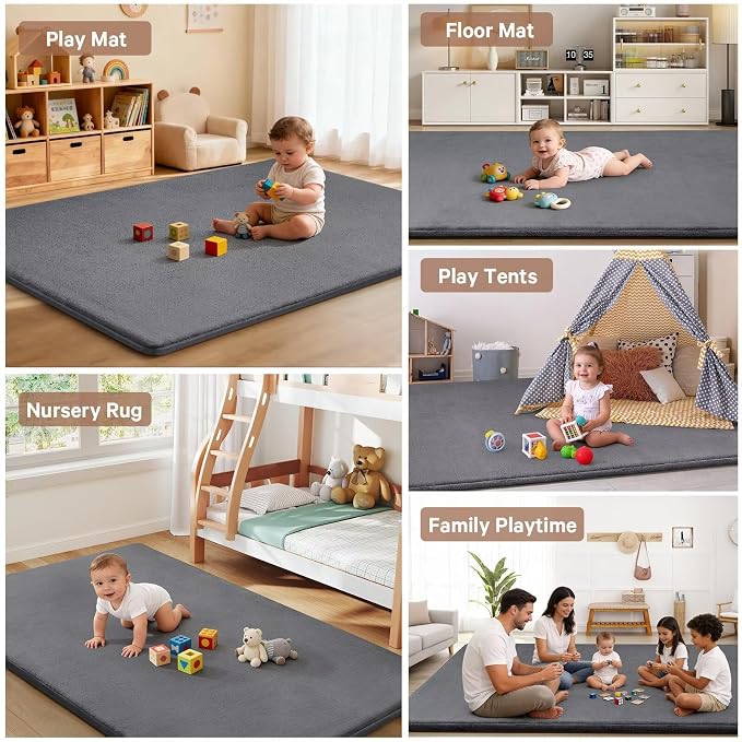 Baby Play Mat for Floor,Ultra Thick Elastic Foam 79"x110" Playmat Tummy Time Muscle Crawling Exercise Activity Cushion Gym Mat Nursery Playroom Area Kids Rug for Babies, Toddlers,Infants,Dark Grey