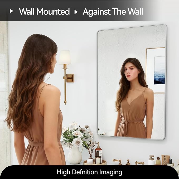 SCWF-GZ 24x36 Mirror Vanity Bathroom Wall Mounted Aluminum Alloy Metal Frame Dressing Round Rectangle Mirrors for Entryway Bedroom Living Room Horizontally or Vertically 36x24 inch Silver