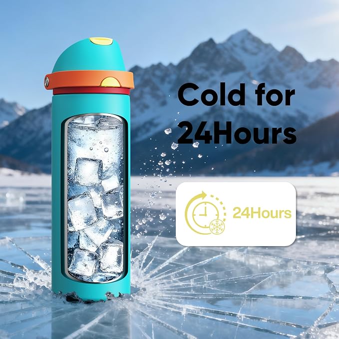 Insulated Water Bottle with Straw - Encool Stainless Steel Water Bottle with Push Button Lid, Leak-Proof & BPA-Free, Keeps Cold for 24 Hours for Sports, Travel, Gym (24 oz, Cerulean Blue)
