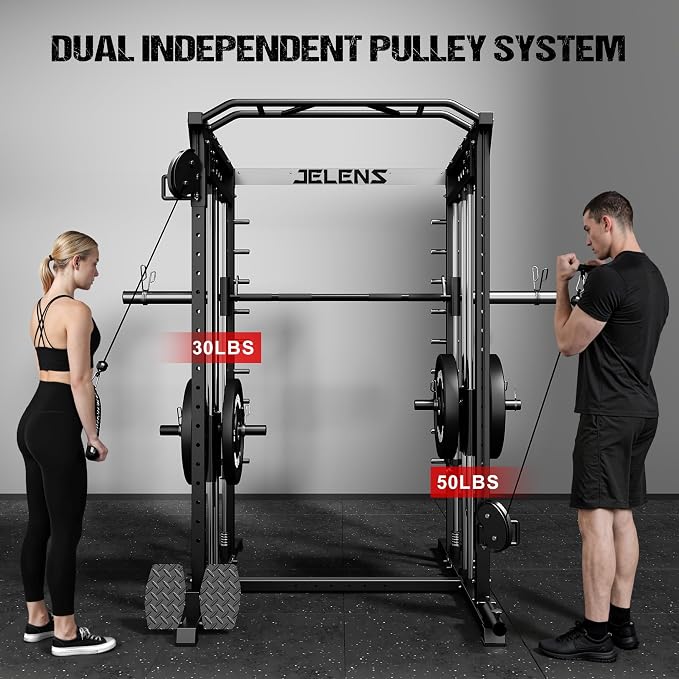 JELENS M21 Smith Machine, Multi-Function Power Cage with Dual Pulley Cable Crossover System, 2000LBS All-in-One Squat Rack with Smith Bar and Attachments for Home Gym
