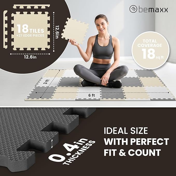 bemaxx Gym Mats Set - 18 pcs EVA Interlocking Foam Floor Tiles (12.6"x12.6"x0.4") 18sqft Protective Gym Flooring Sports Home Workout Exercise Mats Puzzle Garage Fitness Play-Room Pool Treadmill Bike