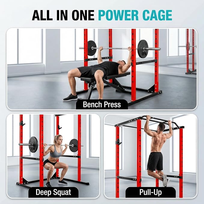 Squat Rack with Protection Arm, 1200 Lbs Capacitys All in One Power Cage, 44.3 x 45.6 x 81.5 Inch, 14.0 sq.ft Footprint Adjustable Fitness Power Gym Cage for Home Gym