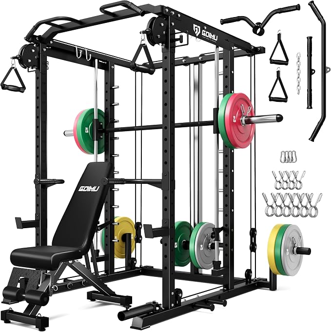 S1-V4 Smith Machine, 2000LBS Power Cage with Cable Crossover System, All-in-One Squat Rack with Smith Bar, Strength Training Equipment for Home Gym