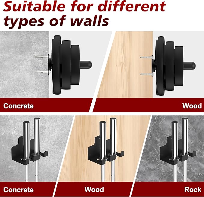 Wall Mounted Weight Plate Holder, 4 Pack, with 1 Pack Barbell Hanger | Fits 2" Weight Plates, Heavy-Duty Steel, Smooth End, Protective Rubber Pad, Space Saving for Home Gym Garage Organizer