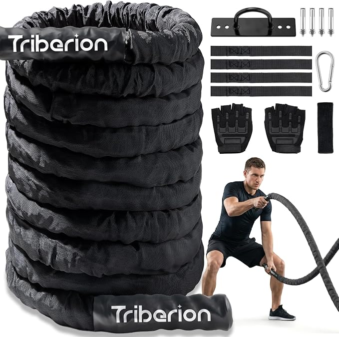 Battle Rope for Home Gym Workout - Extra Thick 2 Inch 30ft Heavy Weighted Training Exercise Ropes Fitness Equipment with Sleeve and Anchor Strap Kit for Crossfit Outdoor Working Out