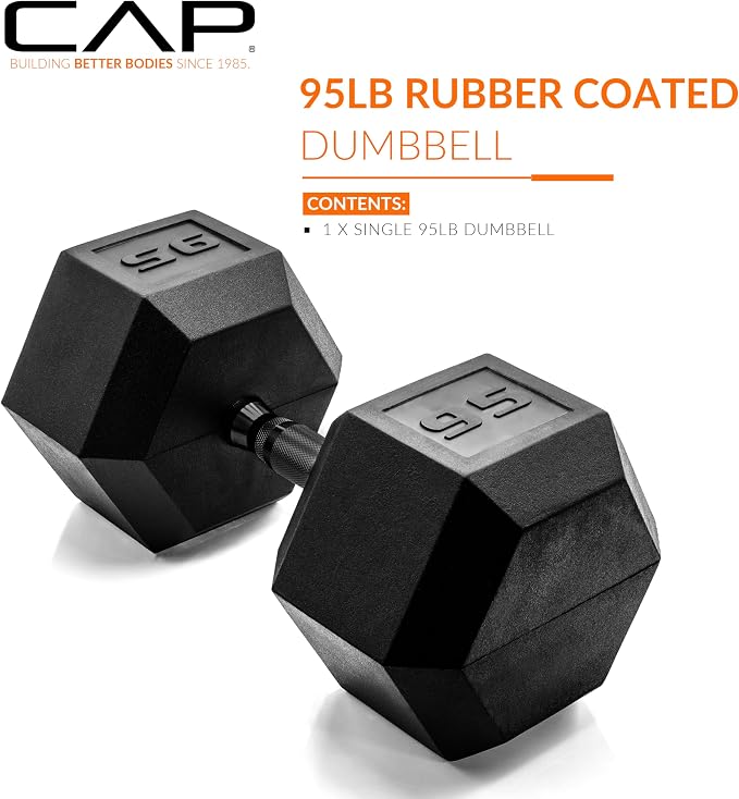 CAP Rubber Coated Dumbbell Weights, Free Weights for Home Gym Strength Training, Anti-Roll Hex Dumbbells with Black, Chrome & Comfort Grip Handles, Singles