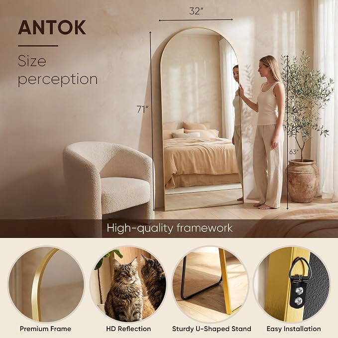 Antok 71" x32” Arched Full Length Floor Mirror, Gold Aluminum Frame, Free Standing/Wall Mount/Leaning for Bedroom, Living Room, Dressing Room