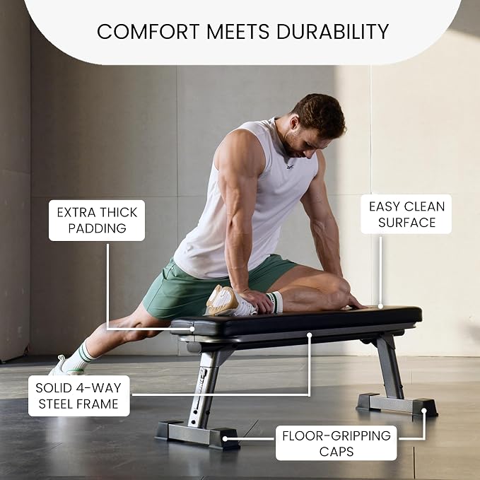 Finer Form Gym Quality Foldable Flat Bench for Multi-Purpose Weight Training and Ab Exercises - Free PDF Workout Chart Included