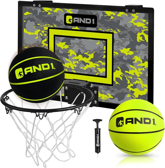 AND1 Over the Door Mini Basketball Hoop: 18x12 Shatterproof Backboard, 2 Mini Basketballs, and Hand Pump Included- Ultimate Indoor Basketball Accessory for Kids and Adults, No Tools Required
