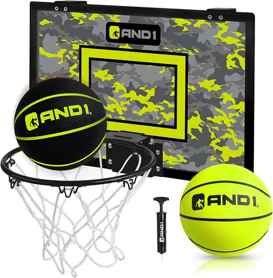 AND1 Over the Door Mini Basketball Hoop: 18x12 Shatterproof Backboard, 2 Mini Basketballs, and Hand Pump Included- Ultimate Indoor Basketball Accessory for Kids and Adults, No Tools Required