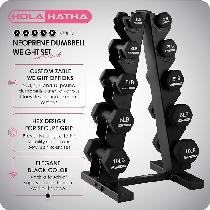 HolaHatha 1, 2 and 3 lb Neoprene Dumbbell Strength Training Weight Set with Rack