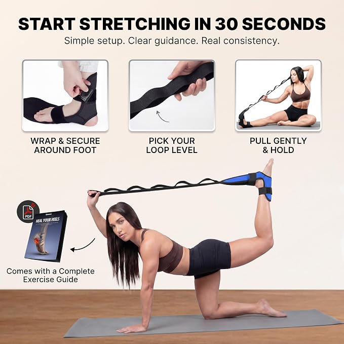 DMoose Fitness Foot & Calf Stretcher with Adjustable Padded Stretching Strap for Plantar Fasciitis, Hamstring, Heel Spurs and Achilles Tendonitis Relief - Yoga Leg Stretch Strap for Flexibility