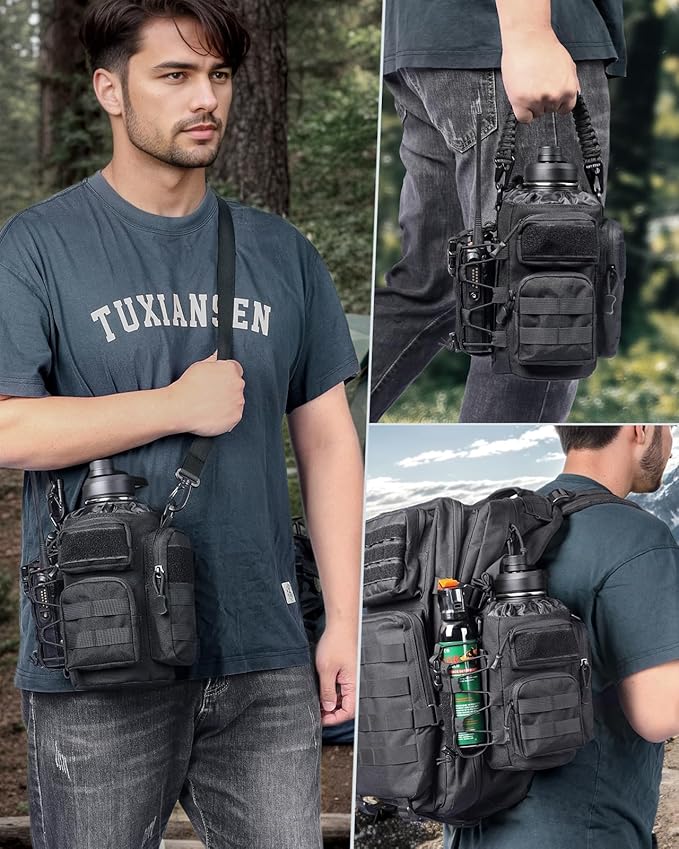 RXW 64oz Insulated Water Bottle Half Gallon Water Jug with Sleeve Tactical | Stainless Steel Water Jug Large Military Water Bottle with 3-IN-1 Pouch/3 Lids/Straw/Paracord Handle for Gym/Camping/Workout