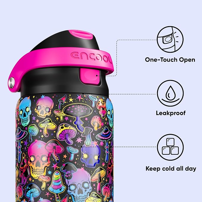 Encool SwiftSip Insulated Stainless Steel Water Bottle with Straw - Leak Proof Sports Water Bottle for School, Travel, Keeps Cold All Day, One-Touch Flip Lid, BPA-Free, 32 oz, Trippy Skulls