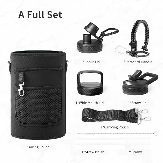 Trebo 64 oz Water Bottle Stainless Steel with 3 Lids, Paracord Handle & Bag | Half Gallon Large Insulated Jug, Triple Wall Vacuum Copper Plated, Dishwasher Safe, Cold 48Hrs for Outdoor, Hiking, Gym