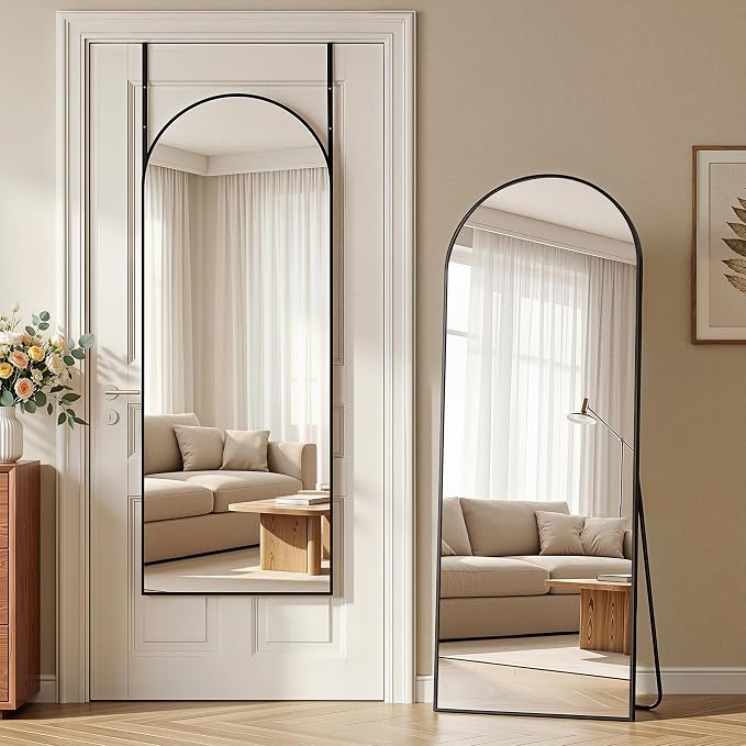 58"x20" Over The Door Mirror, Arched Full Length Mirror with Aluminum Frame, Adjustable Hooks, Wall Mounted or Standing for Bedroom Living Room, Black