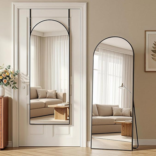 58"x20" Over The Door Mirror, Arched Full Length Mirror with Aluminum Frame, Adjustable Hooks, Wall Mounted or Standing for Bedroom Living Room, Black