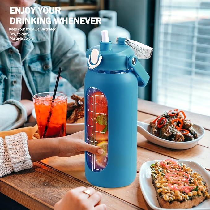 56oz Glass Water Bottles with Straw, Motivational Glass Bottle with Silicone Sleeve and Time Marker, Leakproof Large Glass Water Jug for Gym Home Office,Iron Blue