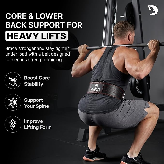 DMoose Fitness Weight Lifting Belt for Lower Back Support - 5mm Thick Genuine Leather Gym Belt for Deadlifts, Powerlifting & Squats - Double Prong Buckle - Men & Women
