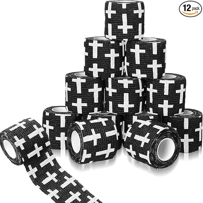 Geiserailie 12 Pack Christian Athletic Tapes 2 Inch x 5 Yards Self Adhesive Bandages Sports Wraps Breathable Elastic Wrap Non Woven Bandage for Wrist, Ankle, Baseball Football(Black)