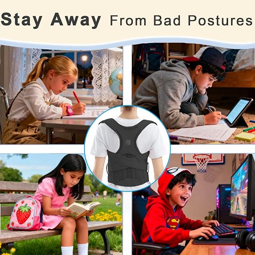 Kids Back Brace Posture Corrector for Boys Girls Teen Youth, Adjustable Upper Back Straightener Lumbar Support Belt for Children Teenager Hunchback Scoliosis Pain Relief Spine Corrector (Black, Medium)