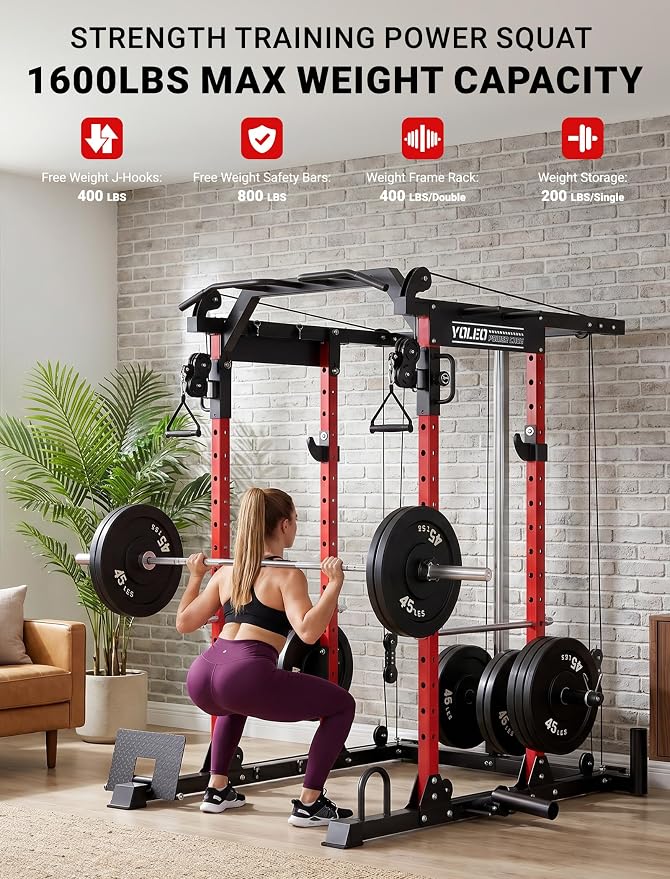 YOLEO Smooth Pulley System Power Cage, Adjustable Cable Crossover Power Rack, Multi-Functional Cable Machine for Home Gym