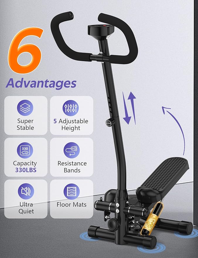 Mini Stepper with Handlebar for Exercise, 330lbs Stair Climber Machine | Hydraulic Fitness Stair Stepper with Resistance Band, Portable Workout Equipment for Home