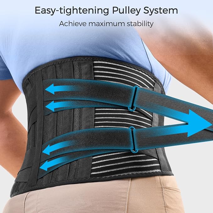 FREETOO Back Braces for Lower Back Pain Relief with 6 Stays, Breathable Back Support Belt for Men/Women for work, Anti-skid lumbar support belt with 16-hole Mesh for sciatica(Waist Size:45.3''-55'')
