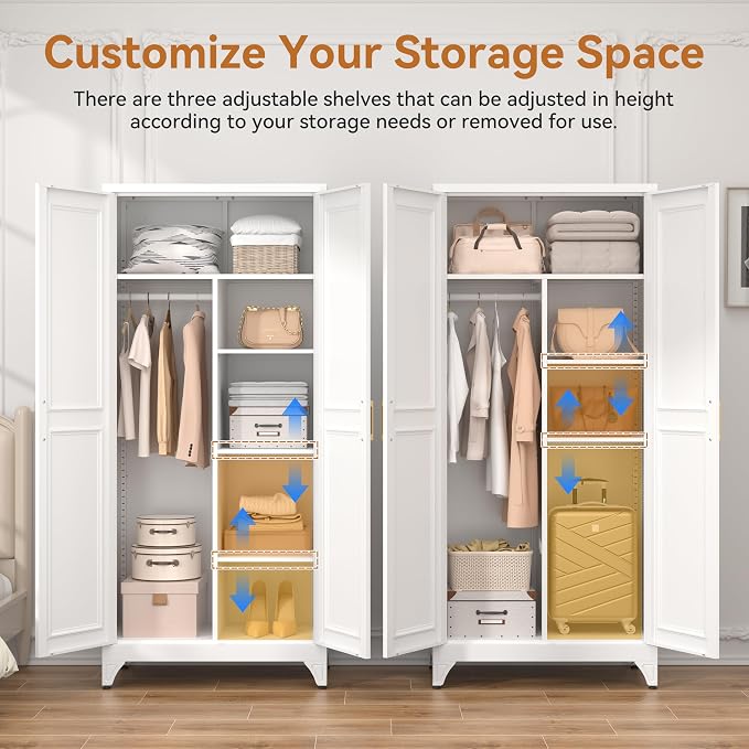Polup Metal Armoire Wardrobe Closet, 71" Tall Wardrobe Cabinet with 2 Doors | Heavy Duty Steel Clothing Storage Cabinet with Hanging Rod & 3 Adjustable Shelves for Bedroom, Office, Broom Closet, White
