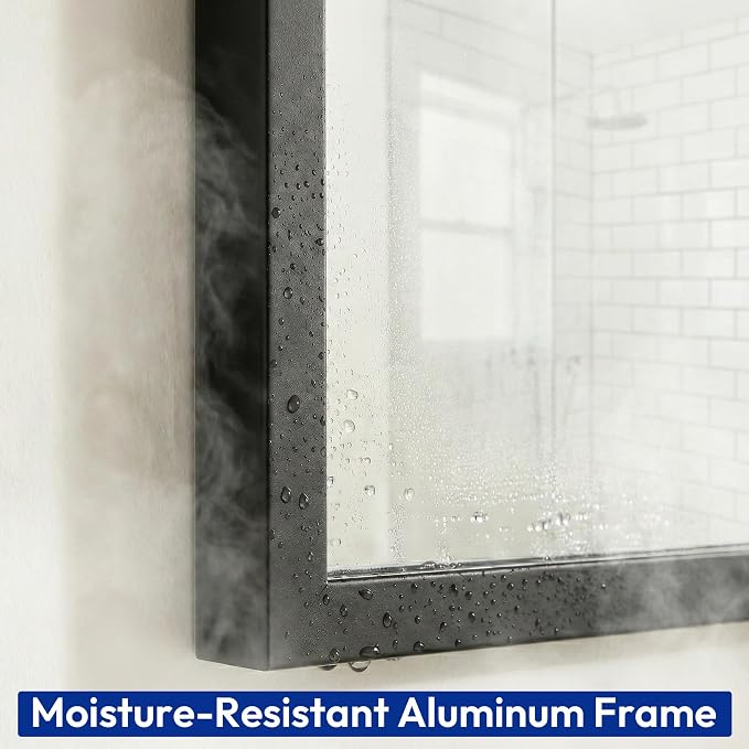 30" x 48" Matte Black Wall Mirror, 48" x 30" Large Metal Framed Landscape Decor, Horizontal Bathroom Mirror for Wide Vanity & Dining Room