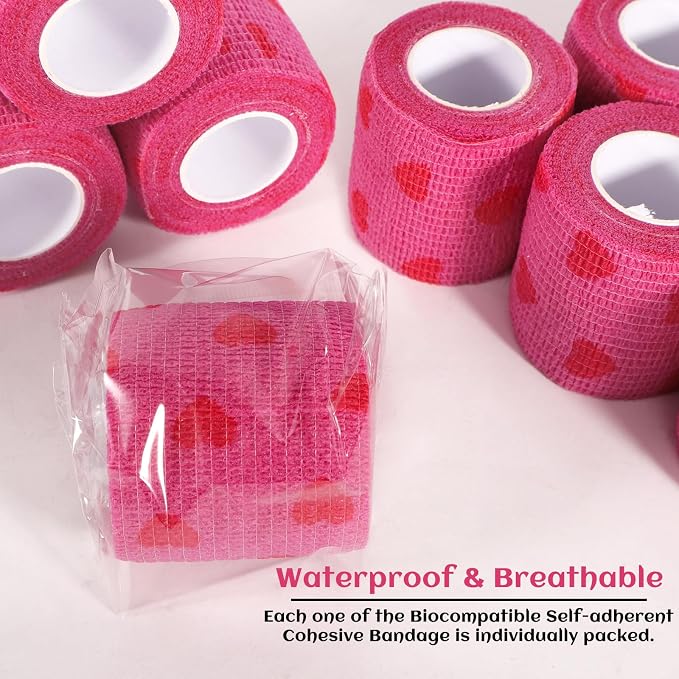 24 Rolls Elastic Self Adhesive Bandage Wrap 2 inch, Breathable Non Woven Cohesive Bandage, Vet Wrap for Dogs, Ankle Sprains Swelling Tape, Sports Athletic Tape (Pink Heart)