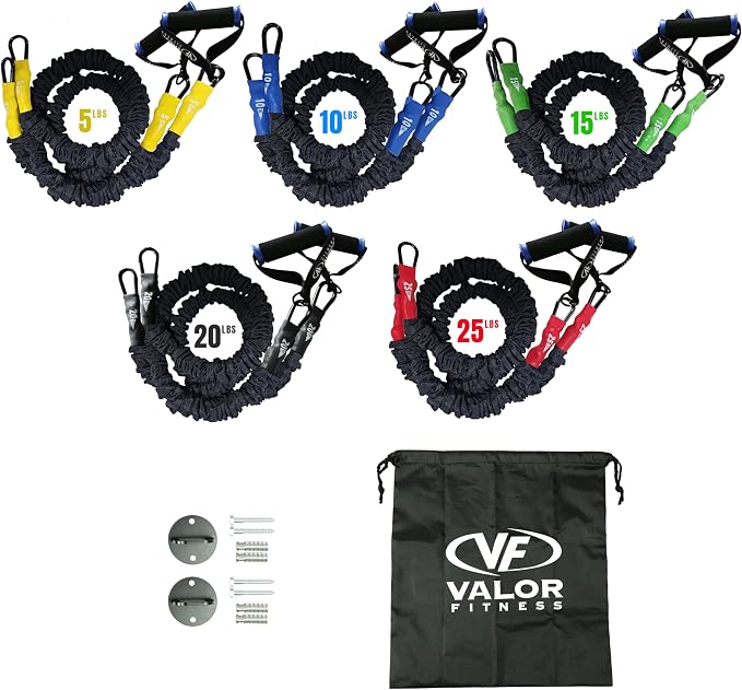 Valor Fitness Resistance Bands - 5lb to 25lbs - Carabiners Attached & 2 Bands per Weight Option with Handles– Sheath Covered - Strength Training New Compact 39" Design - Wall Door Rack Mount Options