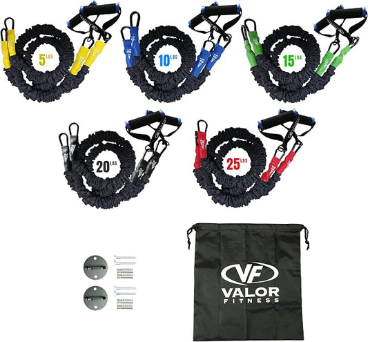 Valor Fitness Resistance Bands - 5lb to 25lbs - Carabiners Attached & 2 Bands per Weight Option with Handles– Sheath Covered - Strength Training New Compact 39" Design - Wall Door Rack Mount Options