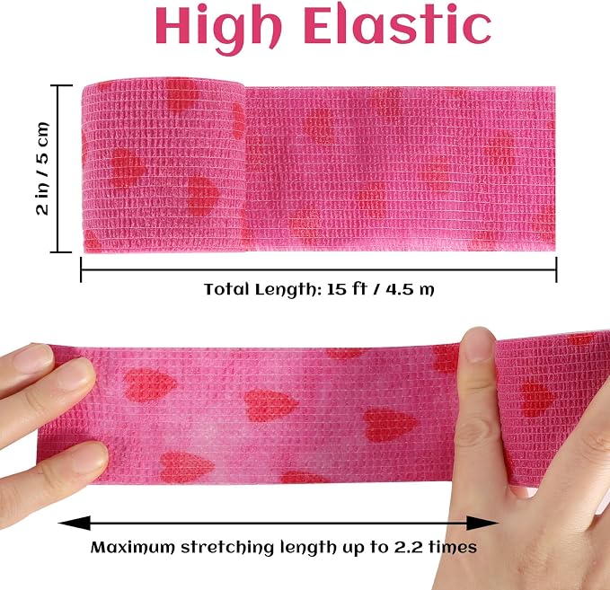 24 Rolls Elastic Self Adhesive Bandage Wrap 2 inch, Breathable Non Woven Cohesive Bandage, Vet Wrap for Dogs, Ankle Sprains Swelling Tape, Sports Athletic Tape (Pink Heart)